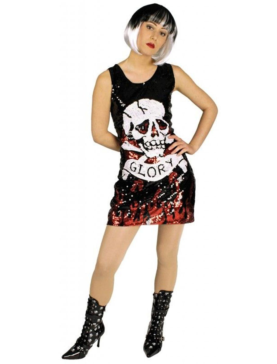 Kleid Pailletten mit Totenkopf Damen schwarz/weiß/rot 40/42