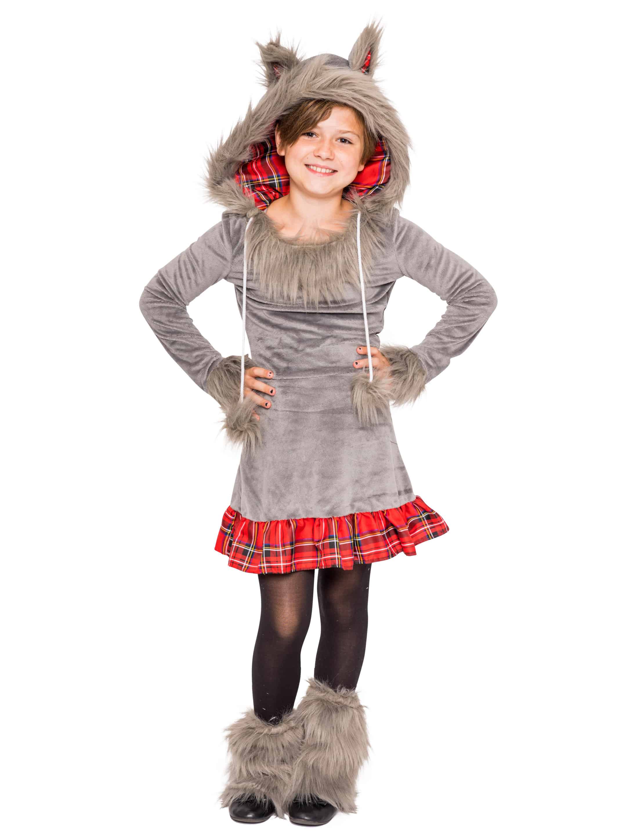 Kleid Plüsch Wolf Kinder rot/grau 128 Kleid Plüsch Wolf Kinder rot/grau 128