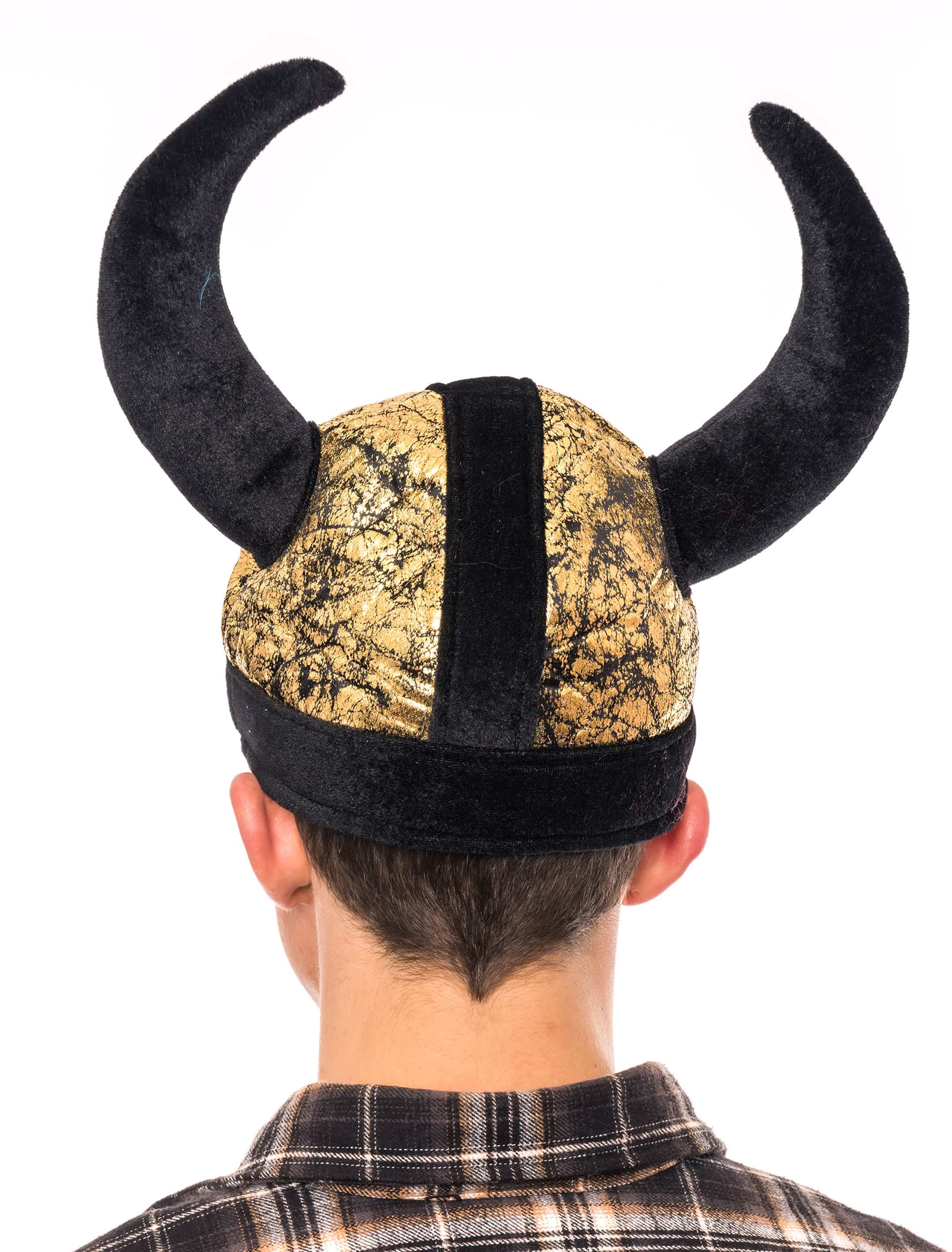 Mütze Plüsch Wikingerhelm schwarz/gold