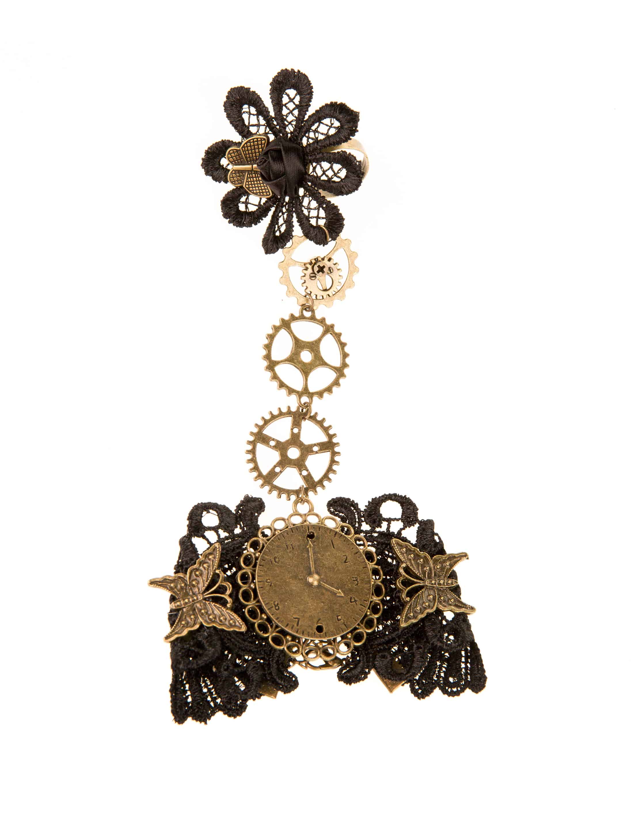 Handkette mit Schmetterling & Zahnrädern schwarz