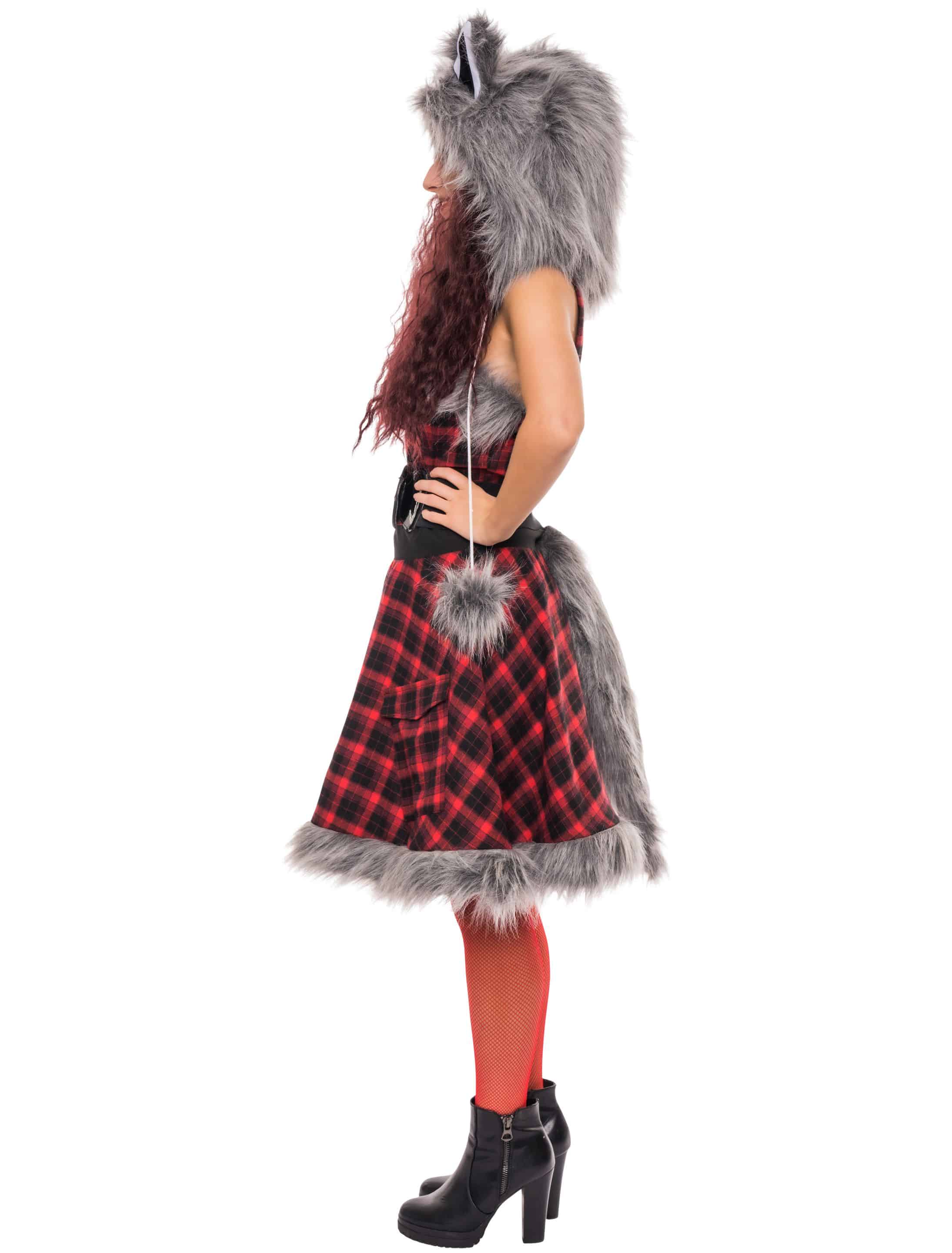 Kleid Wolf mit Kapuze Damen schwarz/rot XL