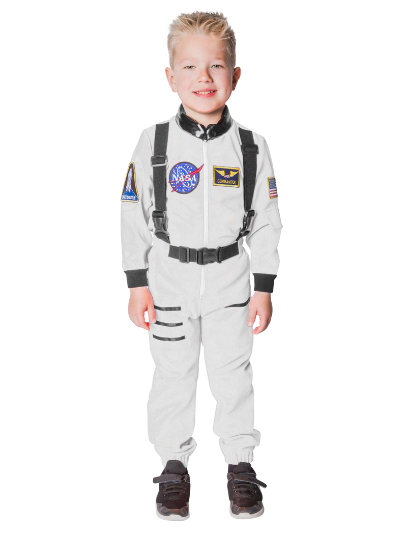 Astronauten Kostüm Set – 3-teilig: Overall, Helm & Silberne Handschuhe, Weiß, Unisex Für Mädchen Und Jungen