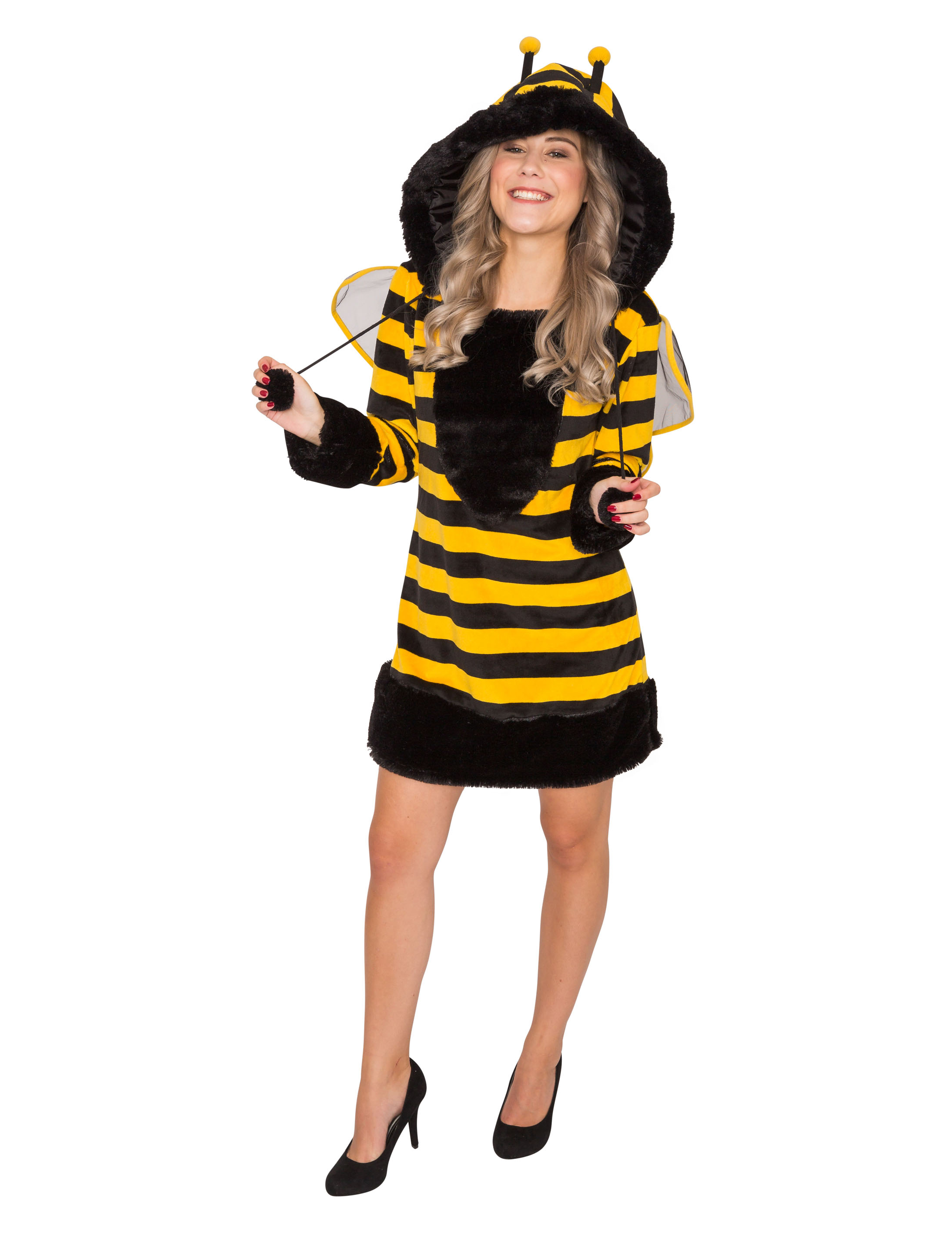 Kleid Plüsch Biene mit Kapuze Damen schwarz/gelb 46-48