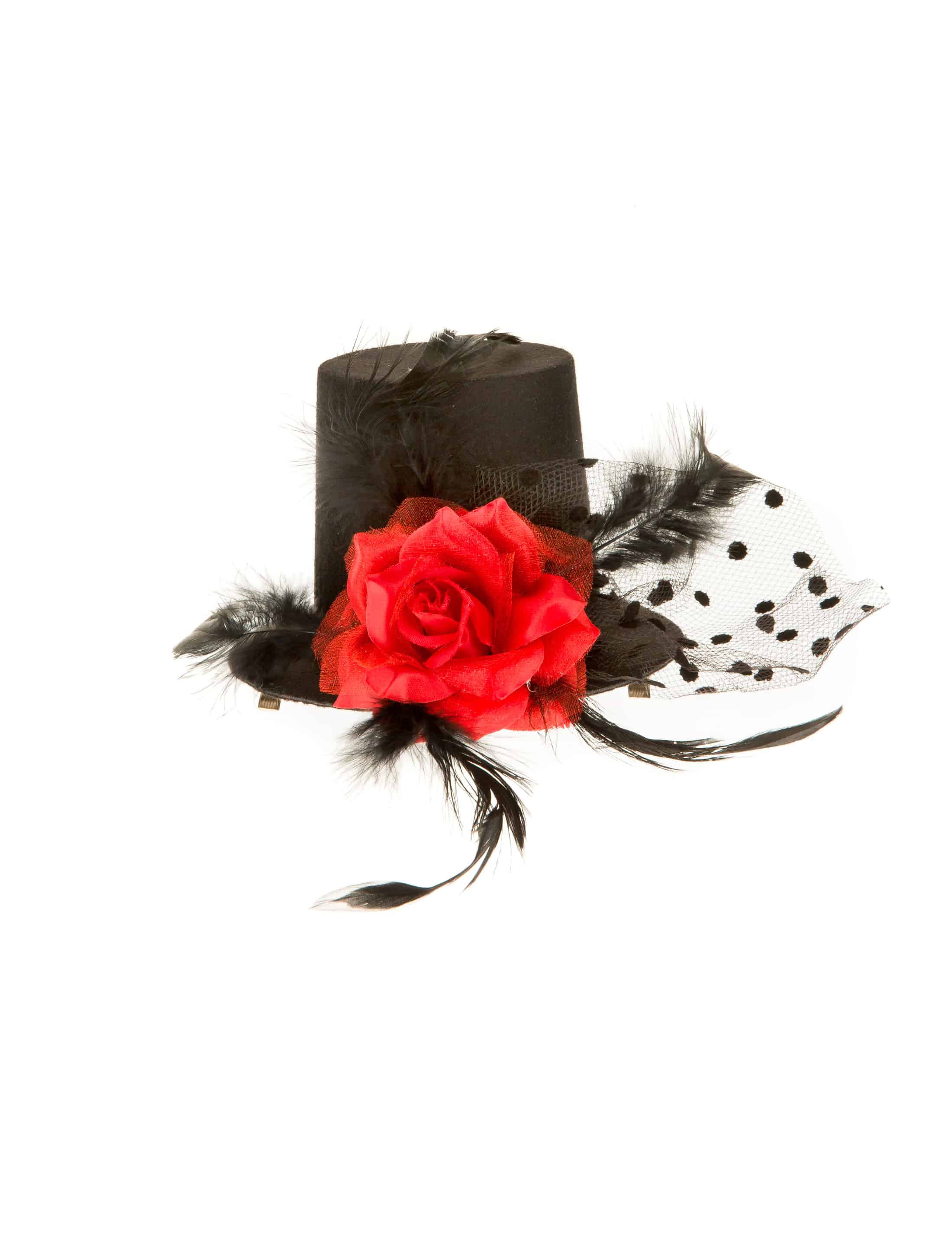 Minihut mit Blume schwarz/rot und Haarclip