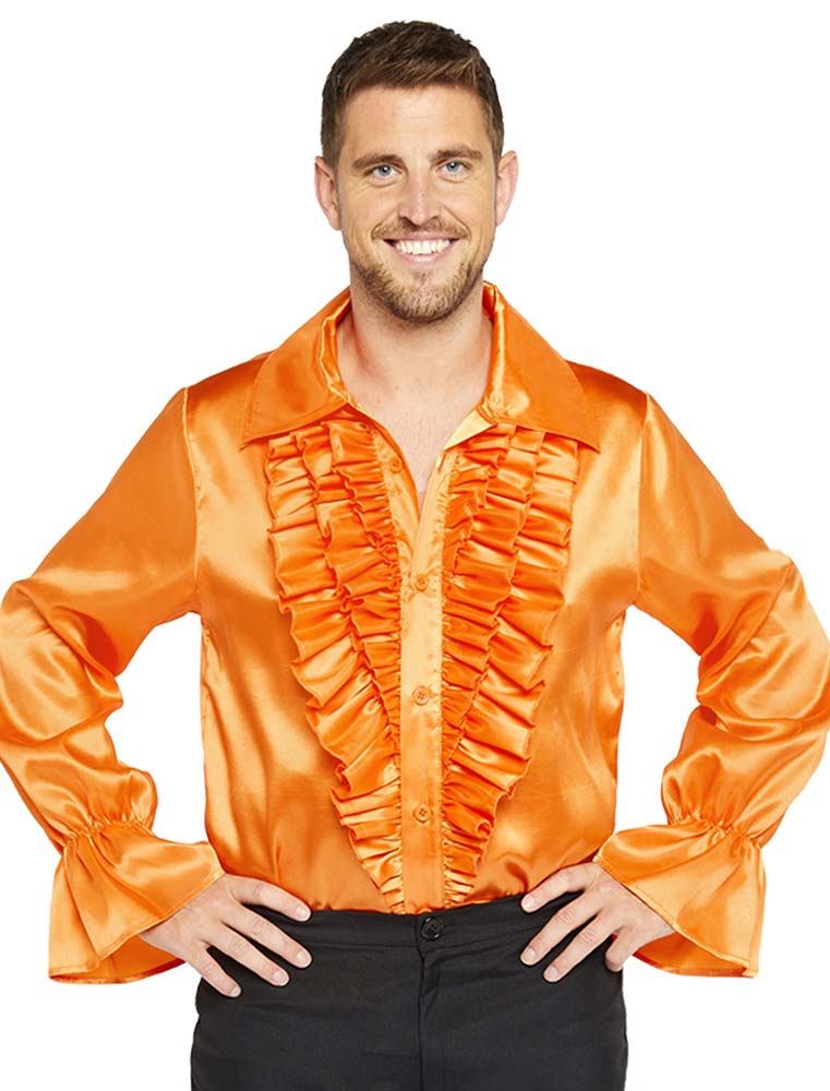 Rüschenhemd Satin Herren orange XL