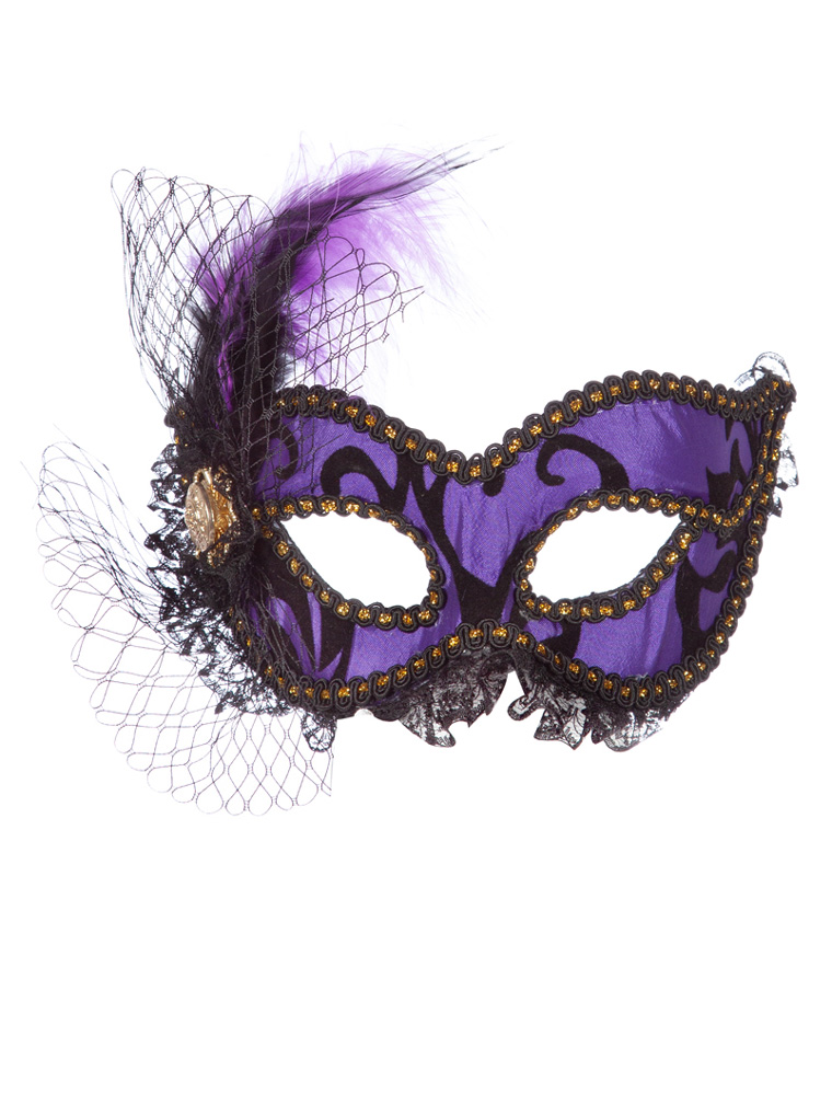 Augenmaske schwarz/lila mit Feder
