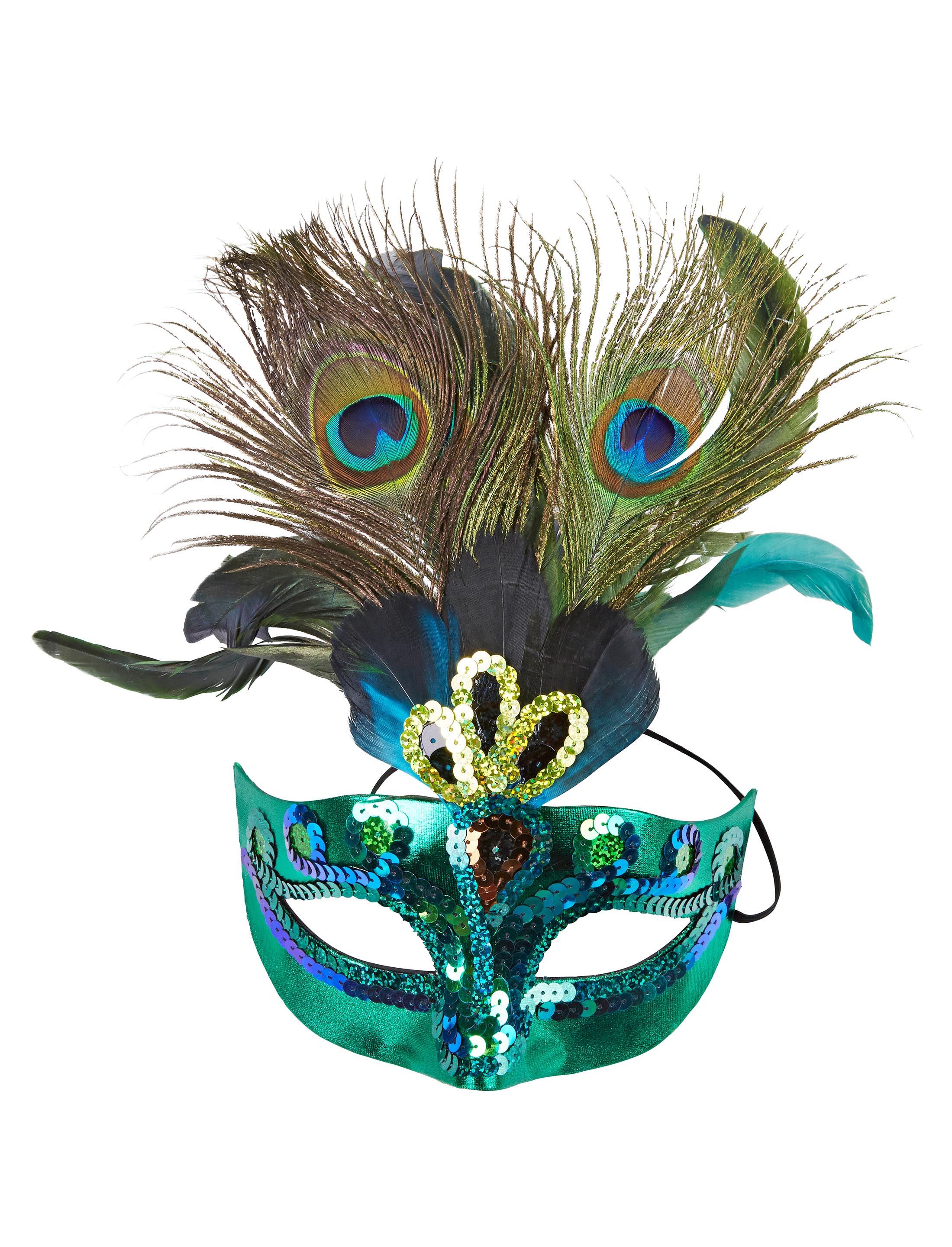 Federmaske mit Pfauenfedern grün
