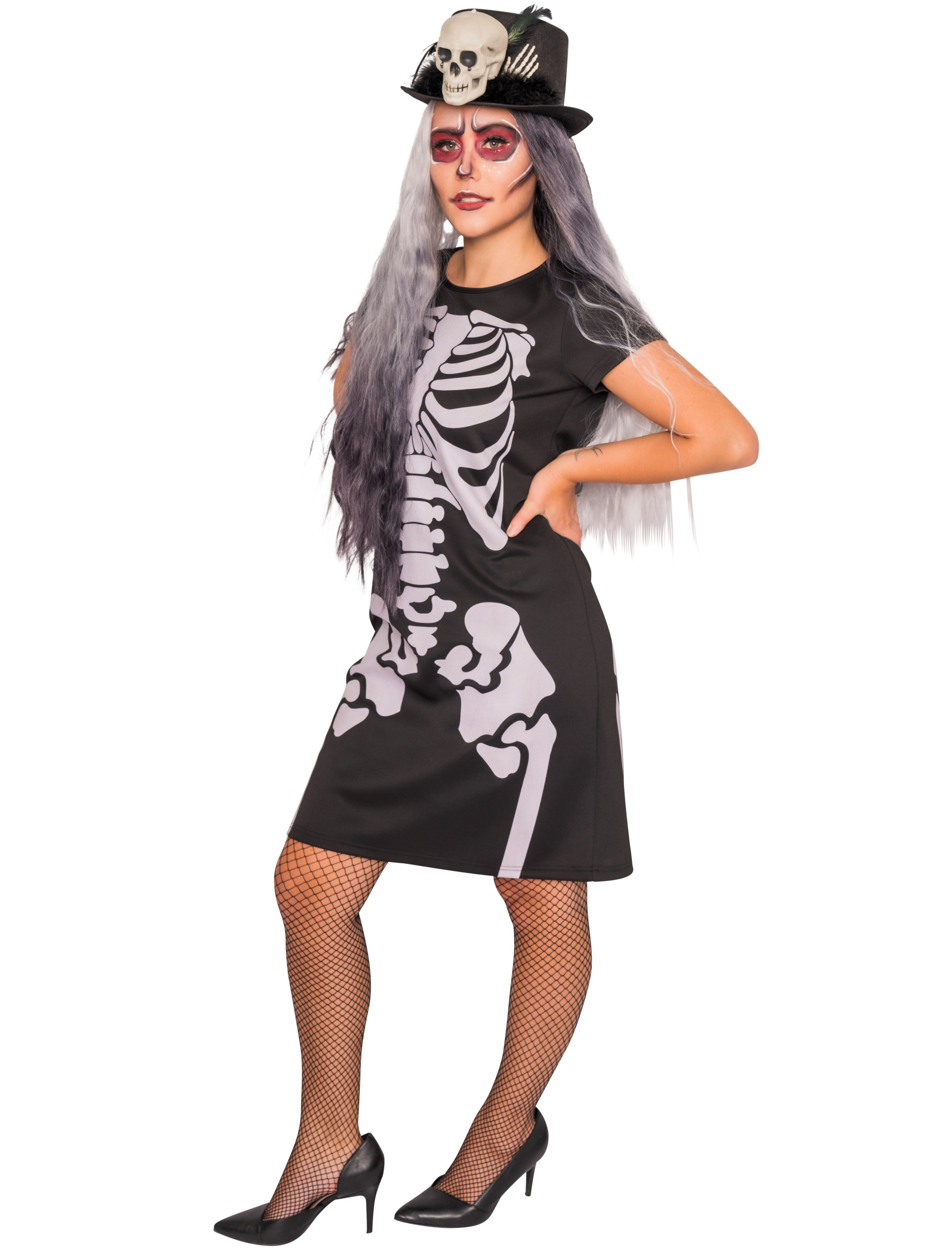 Kleid Damen mit Skelett schwarz S/M