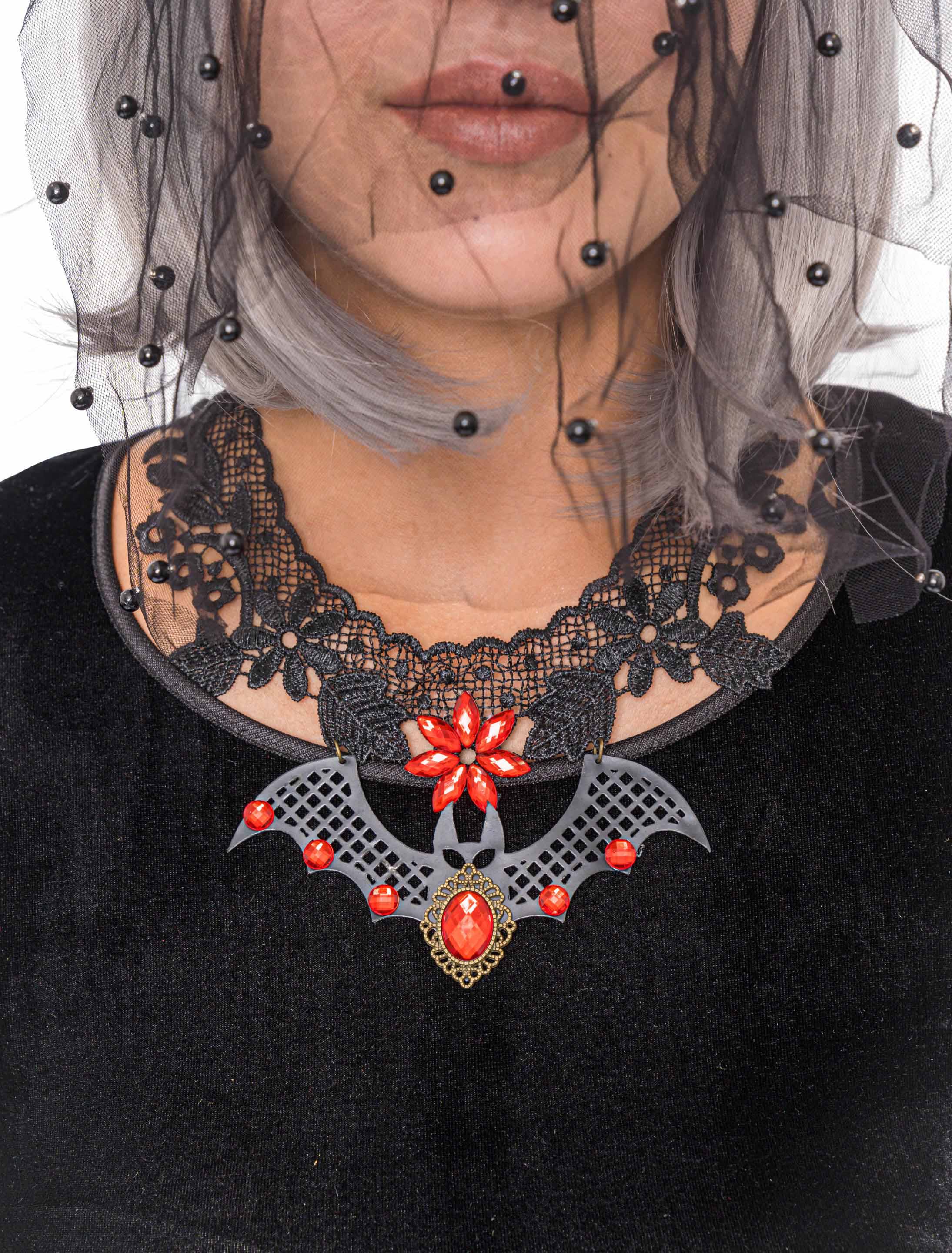 Halsband Fledermaus mit Steinen rot
