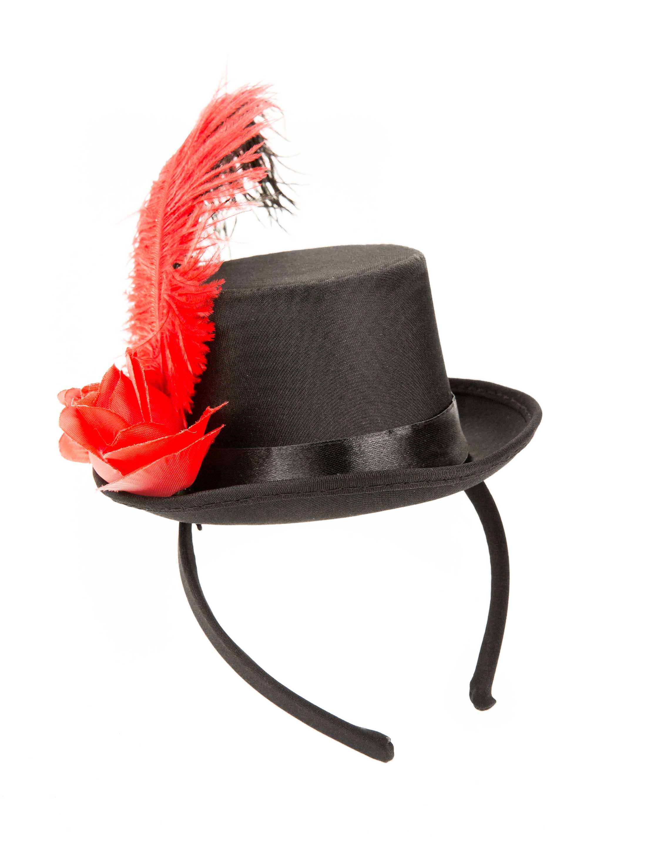 Haarreif Mini Zylinder mit Blume & Feder schwarz/rot