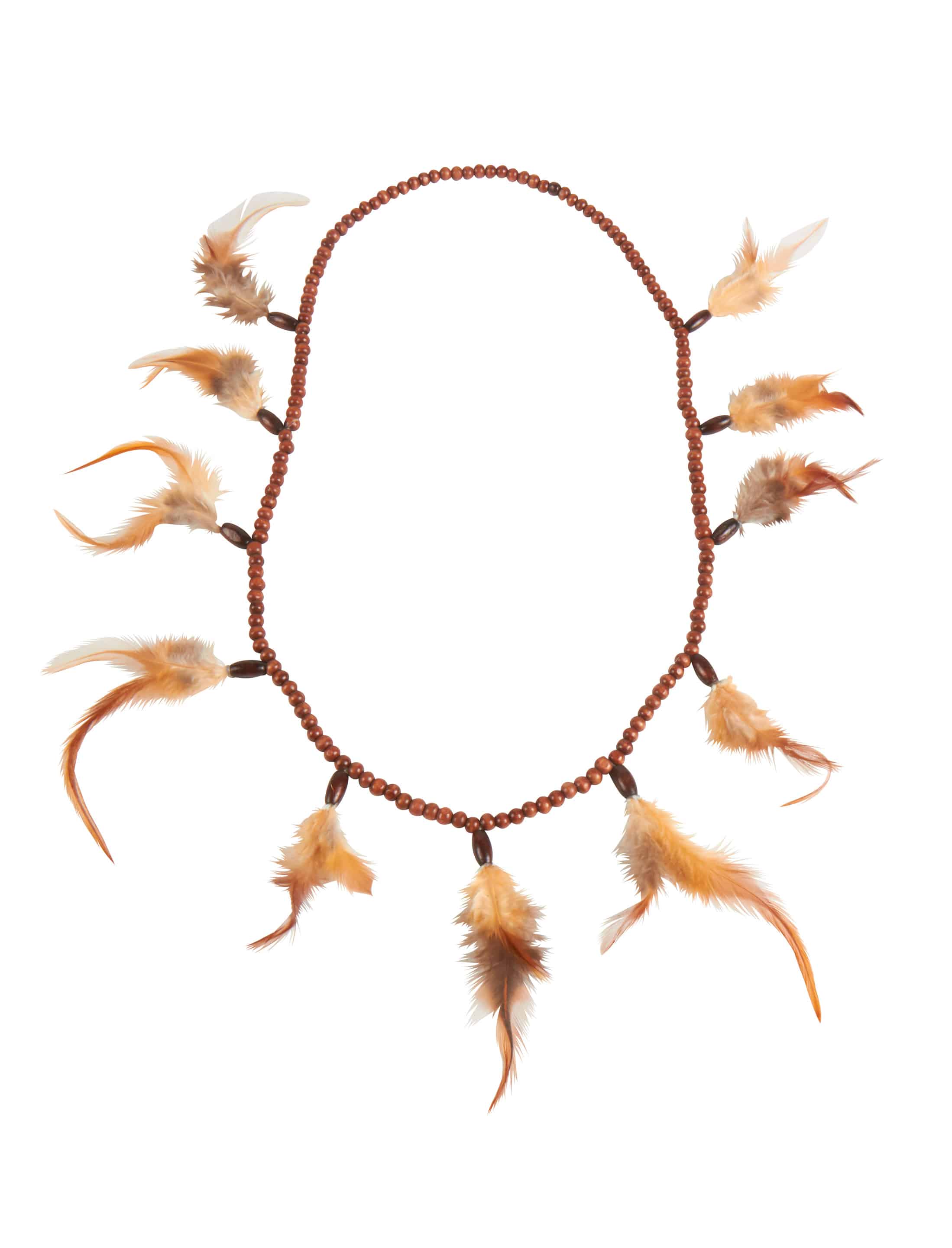 Halskette mit braunen Kügelchen und Federn