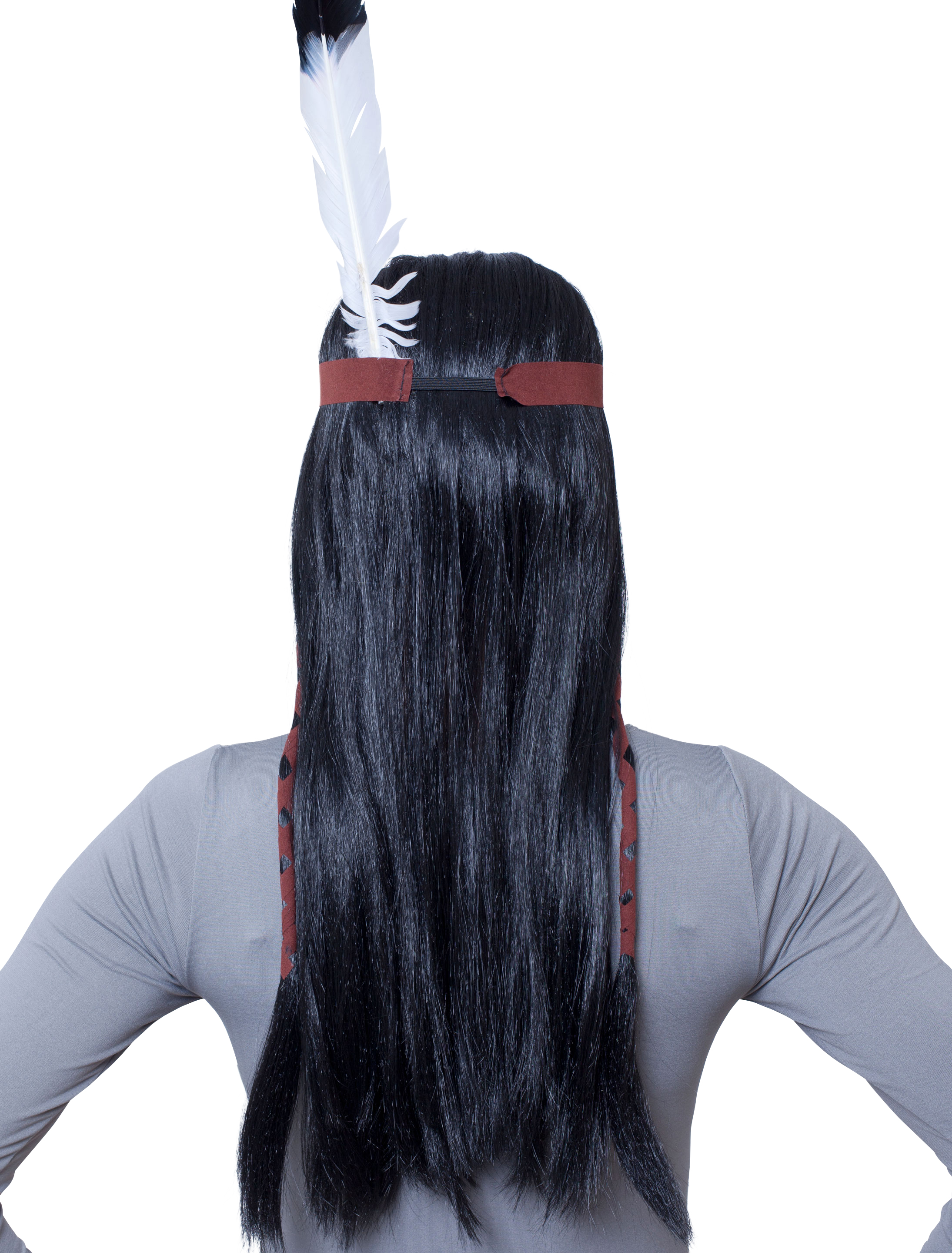 Perücke Indianer/in mit Haarband & Feder schwarz