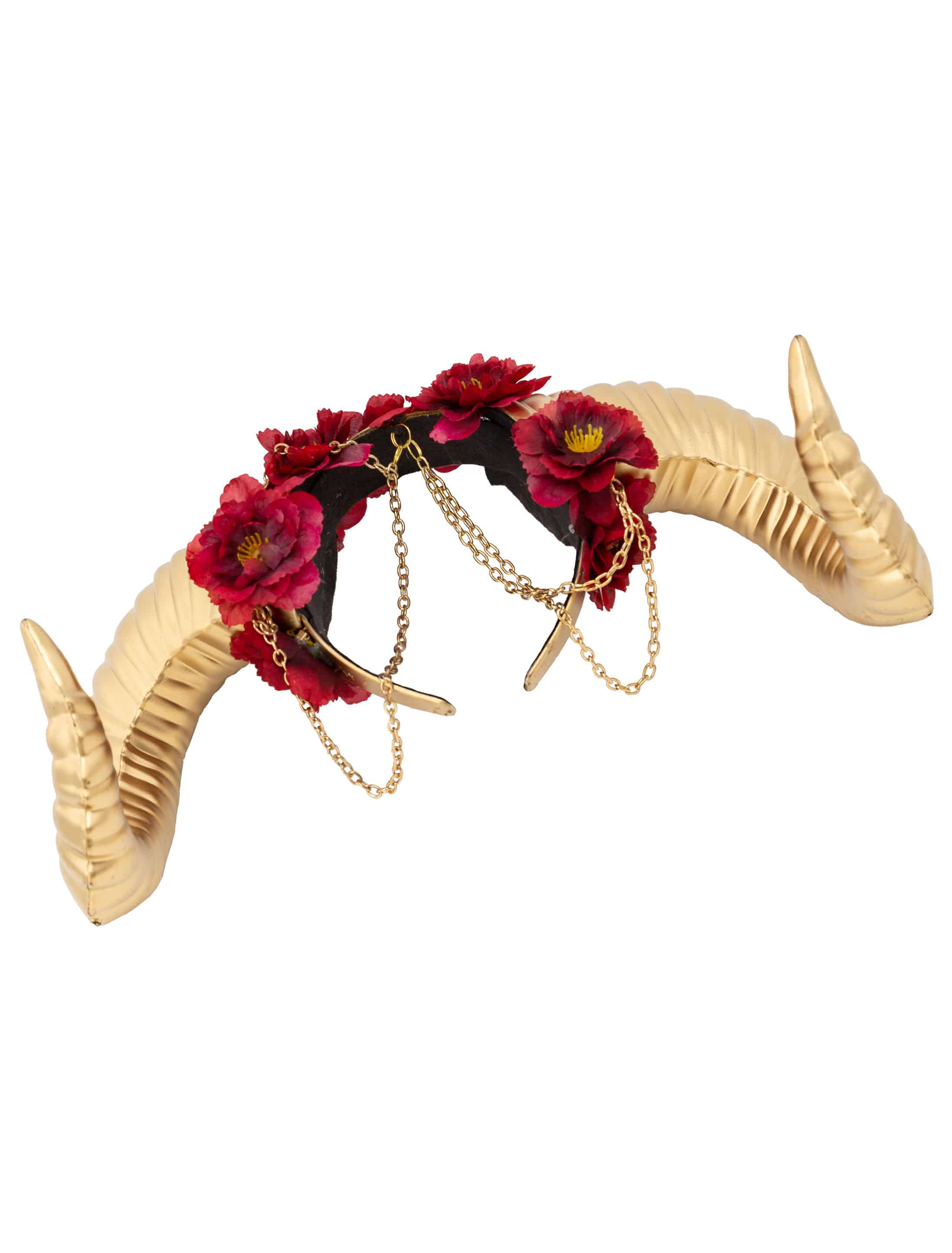 Haarreif Hörner und Ketten gold mit Blumen rot