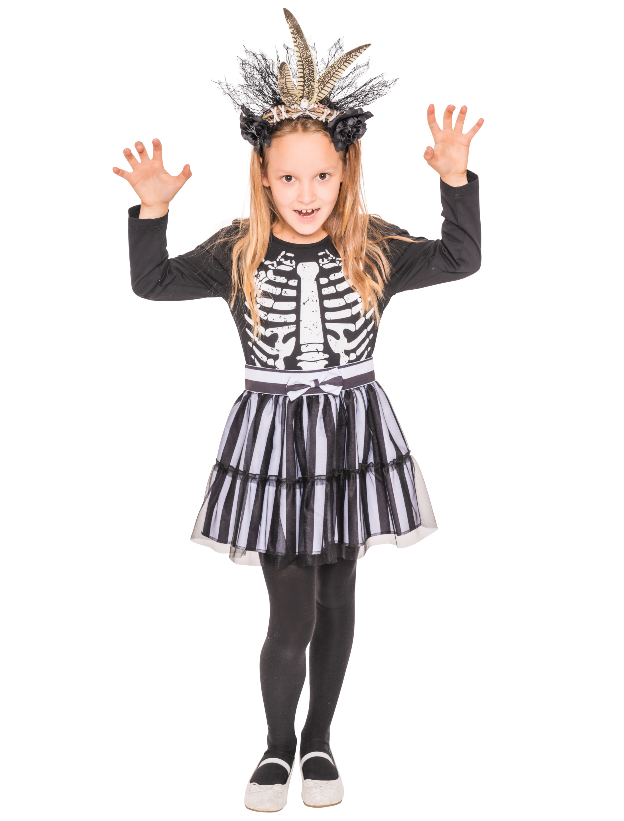 Kleid Kinder mit Skelett schwarz/weiß 152