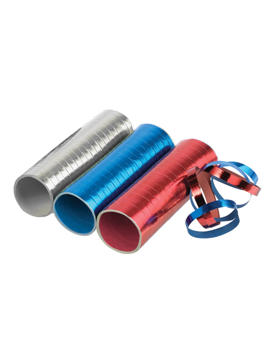 Luftschlangen 3er Pack metallic rot/silber/blau