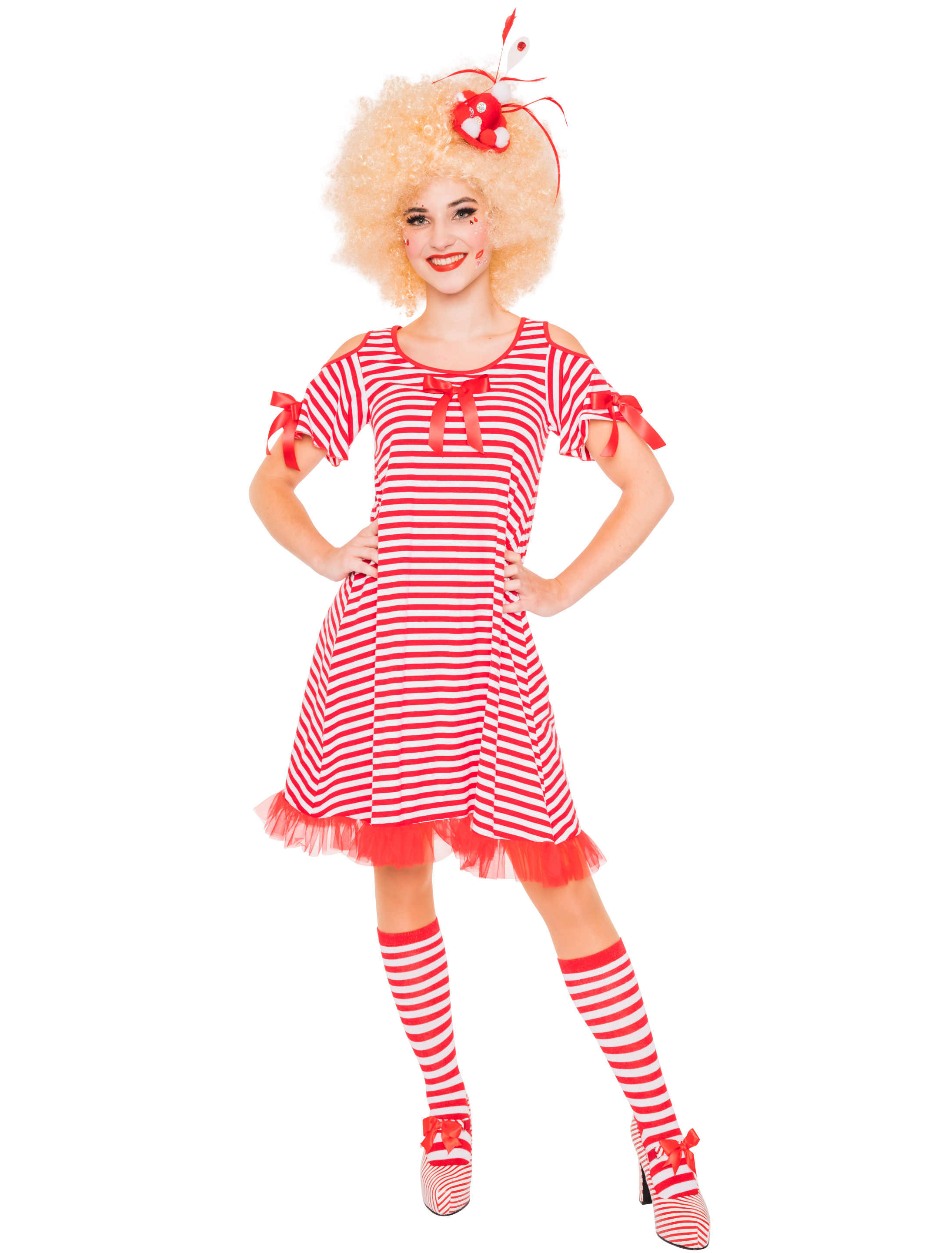 Kleid shoulder-cut mit Schleifen Damen rot/weiß 2XL/3XL
