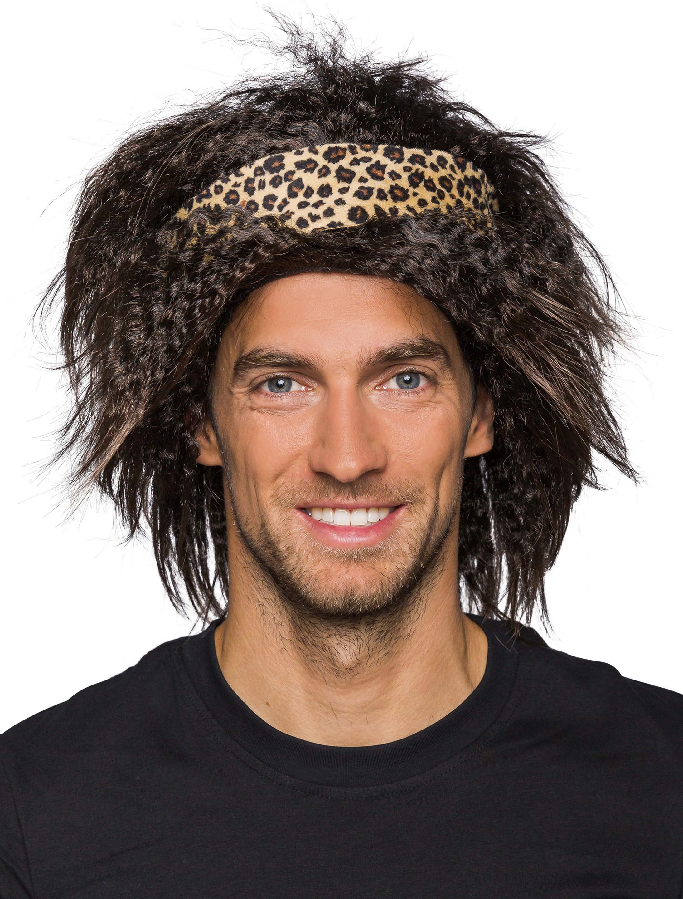 Perücke Steinzeit kurz mit Haarband schwarz